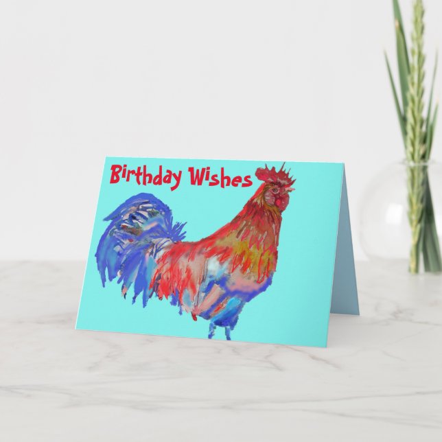 Red and Blue Rooster Watercolour Chicken Birthday  Card (Front)