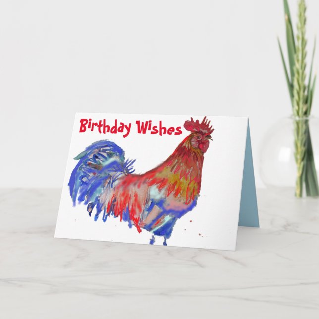 Red and Blue Rooster Watercolour Chicken Birthday Card (Front)