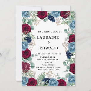 red and blue roses white floral calligraphy  invitation