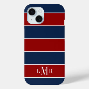 Red and Blue Rugby Stripes 3 Letter Monogram iPhone 15 Case