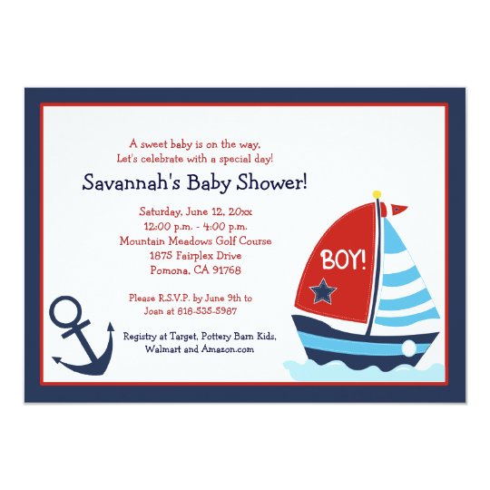 Red and Blue Sailboat 5x7 Baby Shower Invitation
