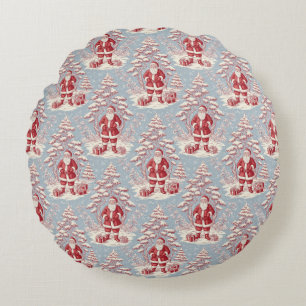 Red and Blue Santa Toile Chinoiserie Round Cushion