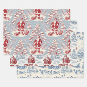 Red and Blue Santa Toile Chinoiserie Wrapping Paper Sheet