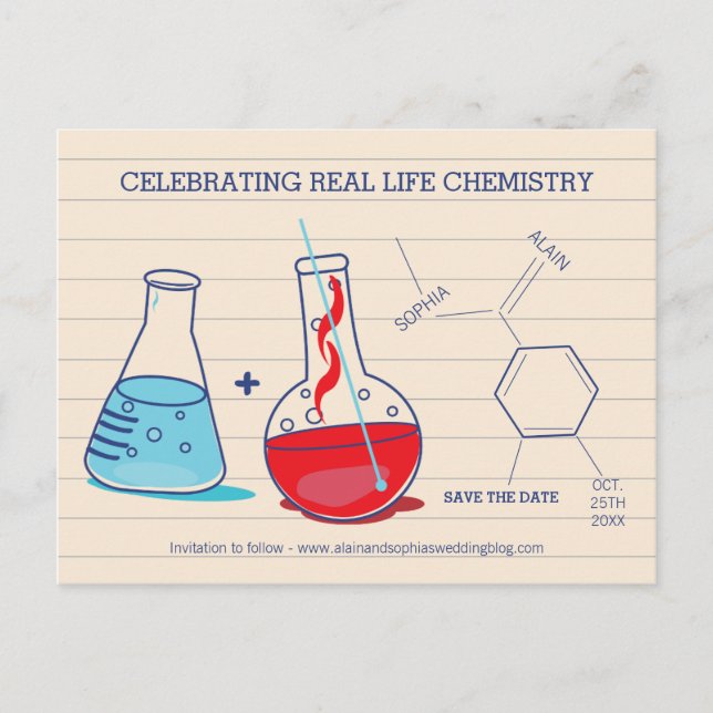 Red and Blue Save the Date Chemistry Postcards (Front)
