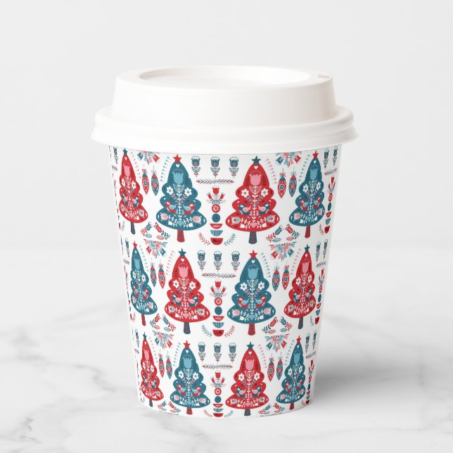 Red and Blue Scandinavian Christmas Tree Folk Art Paper Cups (Front)
