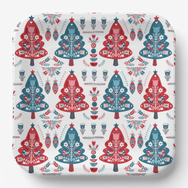Red and Blue Scandinavian Christmas Tree Folk Art Paper Plate (Front)