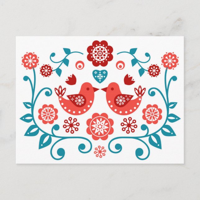 red and blue Scandinavian folk art pattern Postcard (Front)
