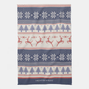 Red and Blue Scandinavian Pattern Custom  Tea Towel