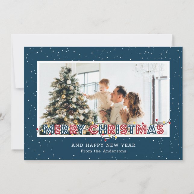 Red and Blue Snow Lights Photo Christmas Cards (Front)