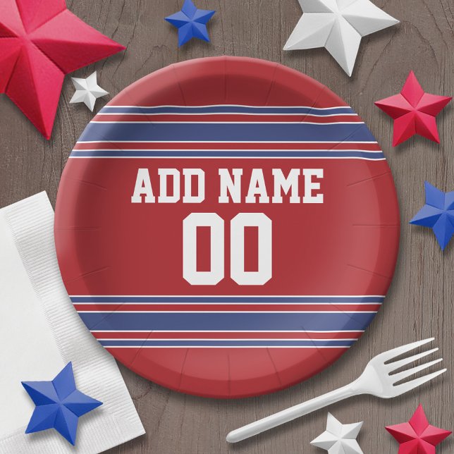 Red and Blue Sports Jersey Birthday Party Paper Plate (Personalized party plates - sports theme for birthday or any occasion)