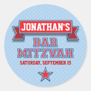 Red and Blue Sports Tackle Twill Bar Mitzvah RSVP Classic Round Sticker
