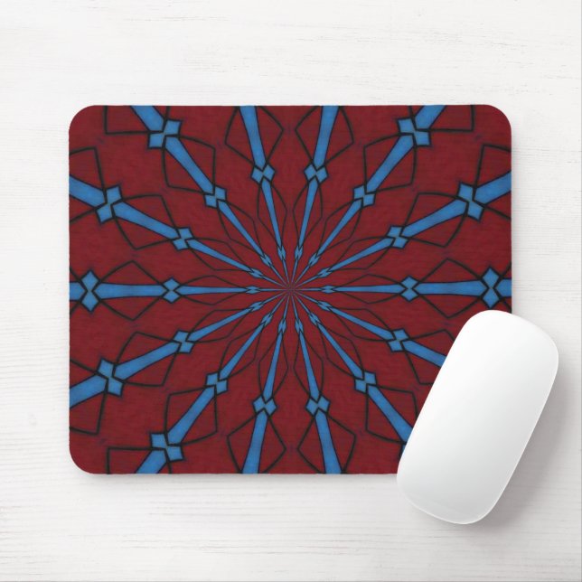 Red and Blue Stained Glass Radial Kaleidoscope Mouse Pad (With Mouse)