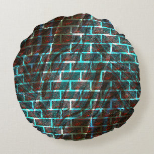Red and blue stained, grid or scratch brick effect round cushion