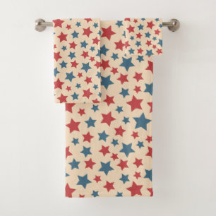 Red and Blue Stars, 4th of July, Beige Background Bath Towel Set