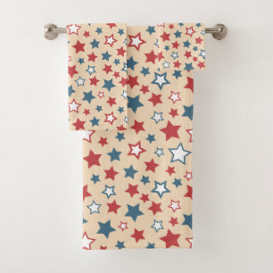 Red and Blue Stars, 4th of July, Beige Background Bath Towel Set
