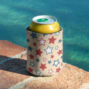 Red and Blue Stars, 4th of July, Beige Background Can Cooler