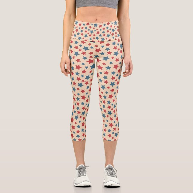 Red and Blue Stars, 4th of July, Beige Background Capri Leggings (Front)