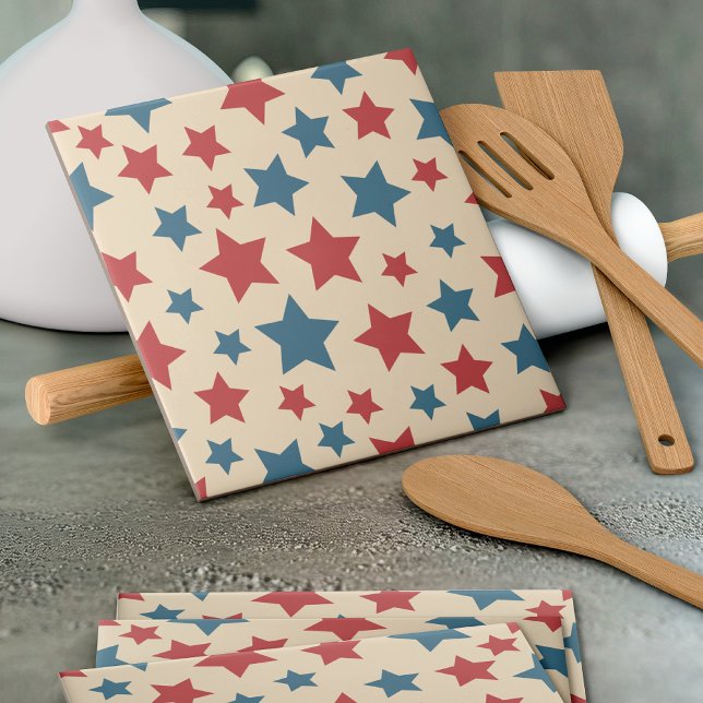 Red and Blue Stars, 4th of July, Beige Background Ceramic Tile (Creator Uploaded)