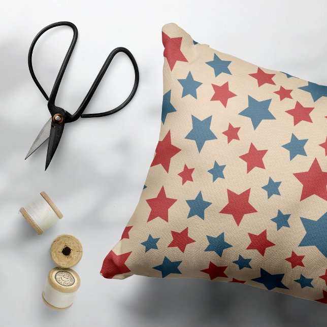Red and Blue Stars, 4th of July, Beige Background Decorative Cushion (Creator Uploaded)