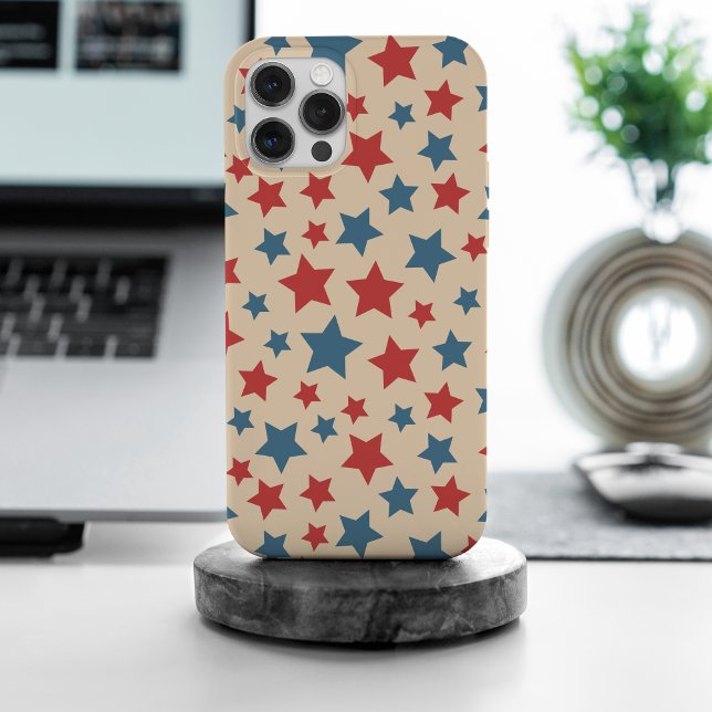 Red and Blue Stars, 4th of July, Beige Background iPhone Case (Creator Uploaded)