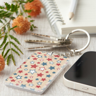 Red and Blue Stars, 4th of July, Beige Background Key Ring