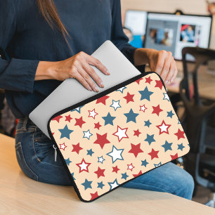 Red and Blue Stars, 4th of July, Beige Background Laptop Sleeve