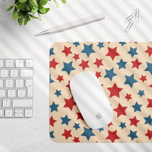 Red and Blue Stars, 4th of July, Beige Background Mouse Pad