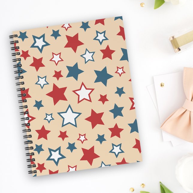 Red and Blue Stars, 4th of July, Beige Background Notebook (Creator Uploaded)