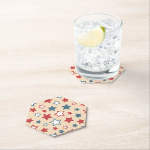 Red and Blue Stars, 4th of July, Beige Background Paper Coaster