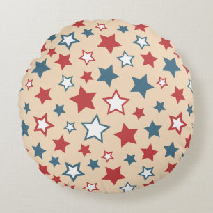 Red and Blue Stars, 4th of July, Beige Background Round Cushion