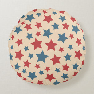 Red and Blue Stars, 4th of July, Beige Background Round Cushion