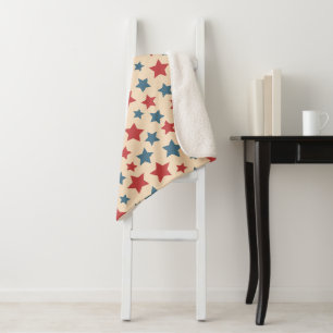 Red and Blue Stars, 4th of July, Beige Background Sherpa Blanket