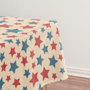 Red and Blue Stars, 4th of July, Beige Background Tablecloth