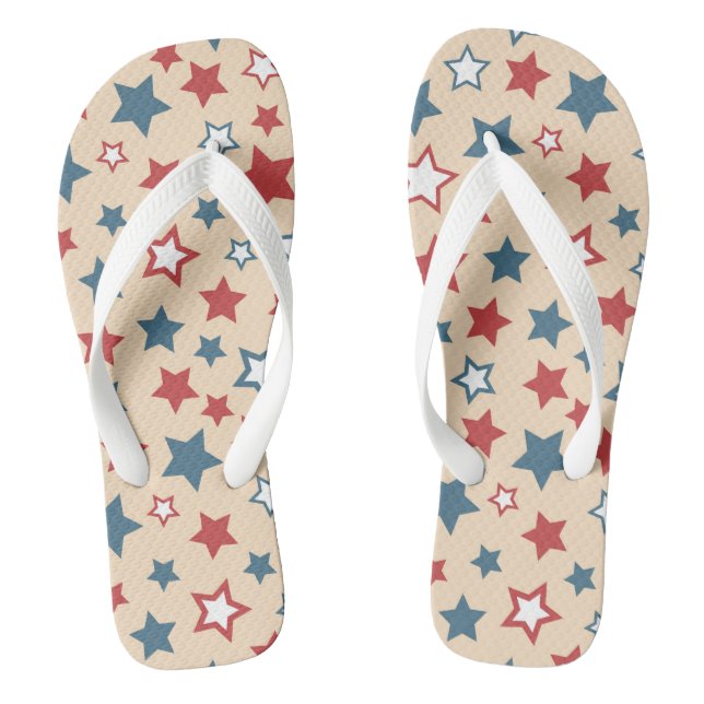 Red and Blue Stars, 4th of July, Beige Background Thongs (Footbed)