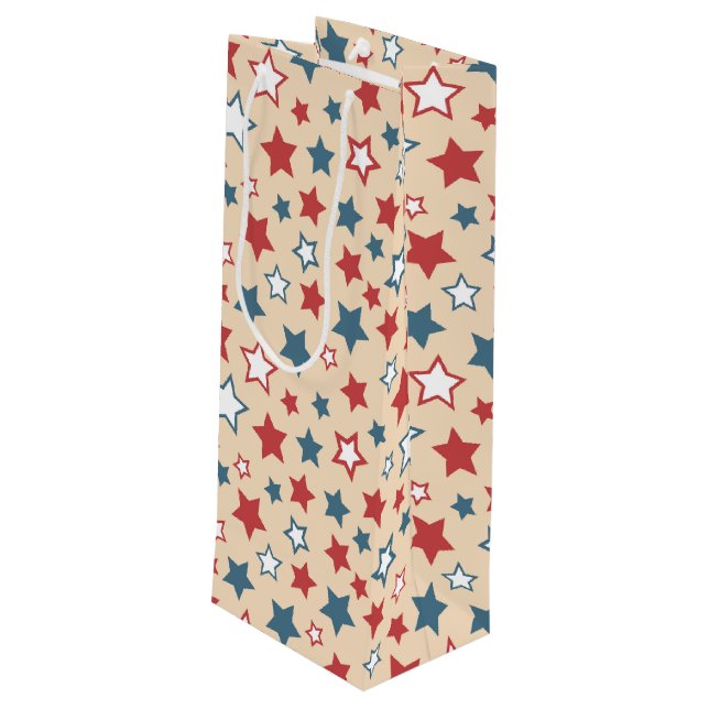 Red and Blue Stars, 4th of July, Beige Background Wine Gift Bag (Back Angled)
