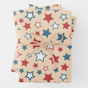Red and Blue Stars, 4th of July, Beige Background Wrapping Paper Sheet