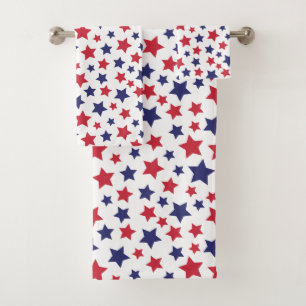Red and Blue Stars, 4th of July, White Background Bath Towel Set
