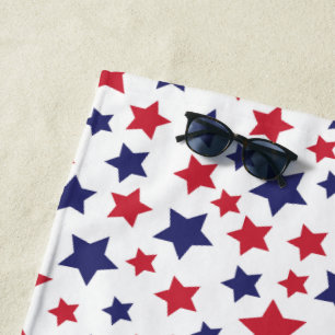 Red and Blue Stars, 4th of July, White Background Beach Towel