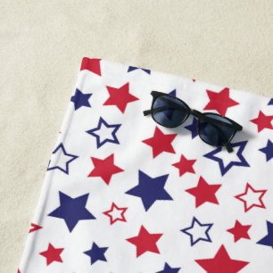 Red and Blue Stars, 4th of July, White Background Beach Towel