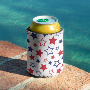 Red and Blue Stars, 4th of July, White Background Can Cooler