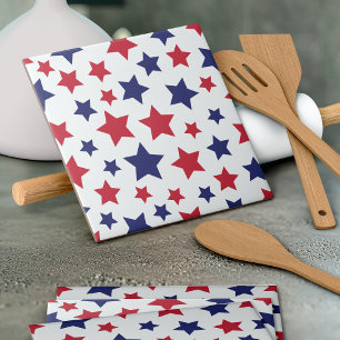 Red and Blue Stars, 4th of July, White Background Ceramic Tile