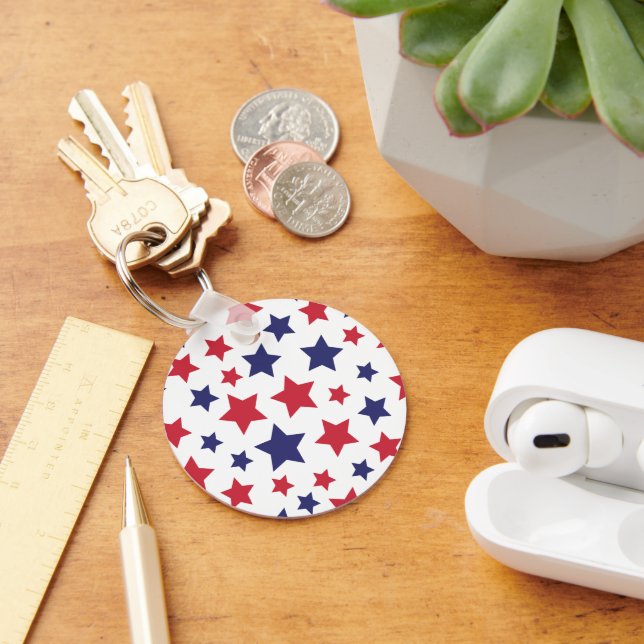 Red and Blue Stars, 4th of July, White Background Key Ring (Desk)