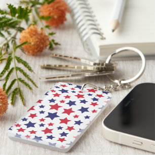 Red and Blue Stars, 4th of July, White Background Key Ring