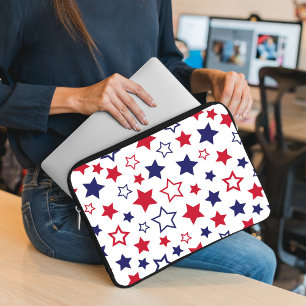 Red and Blue Stars, 4th of July, White Background Laptop Sleeve