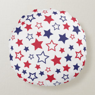 Red and Blue Stars, 4th of July, White Background Round Cushion