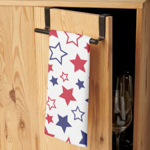Red and Blue Stars, 4th of July, White Background Tea Towel