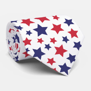 Red and Blue Stars, 4th of July, White Background Tie