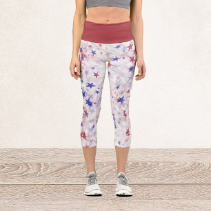 Red and Blue Stars on White Capri Leggings