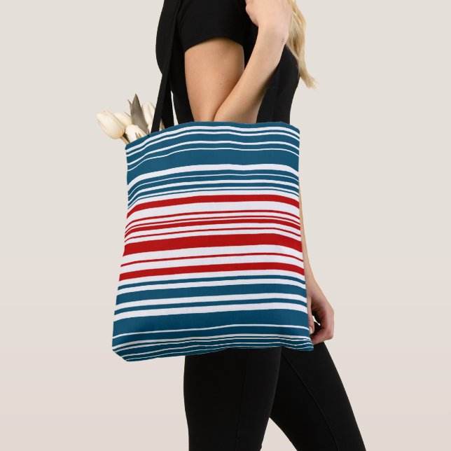 Red and Blue Striped Pattern Tote Bag (Close Up)
