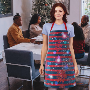 Red And Blue Stripes Snowflakes Sparkles & Lights Apron